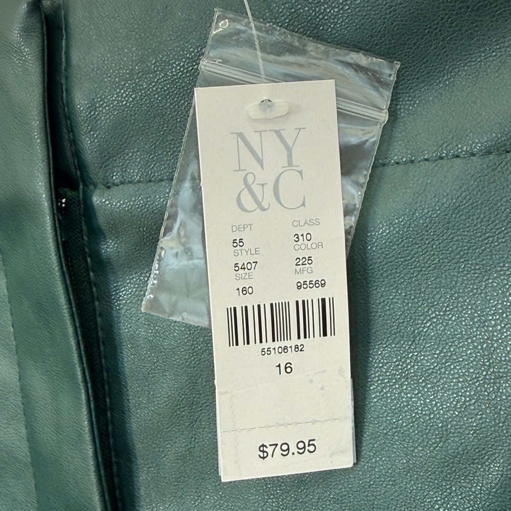 NY & Company Faux Leather High Waist Belted Straight Leg Dark Green Pants SZ 16 - Picture 4 of 9